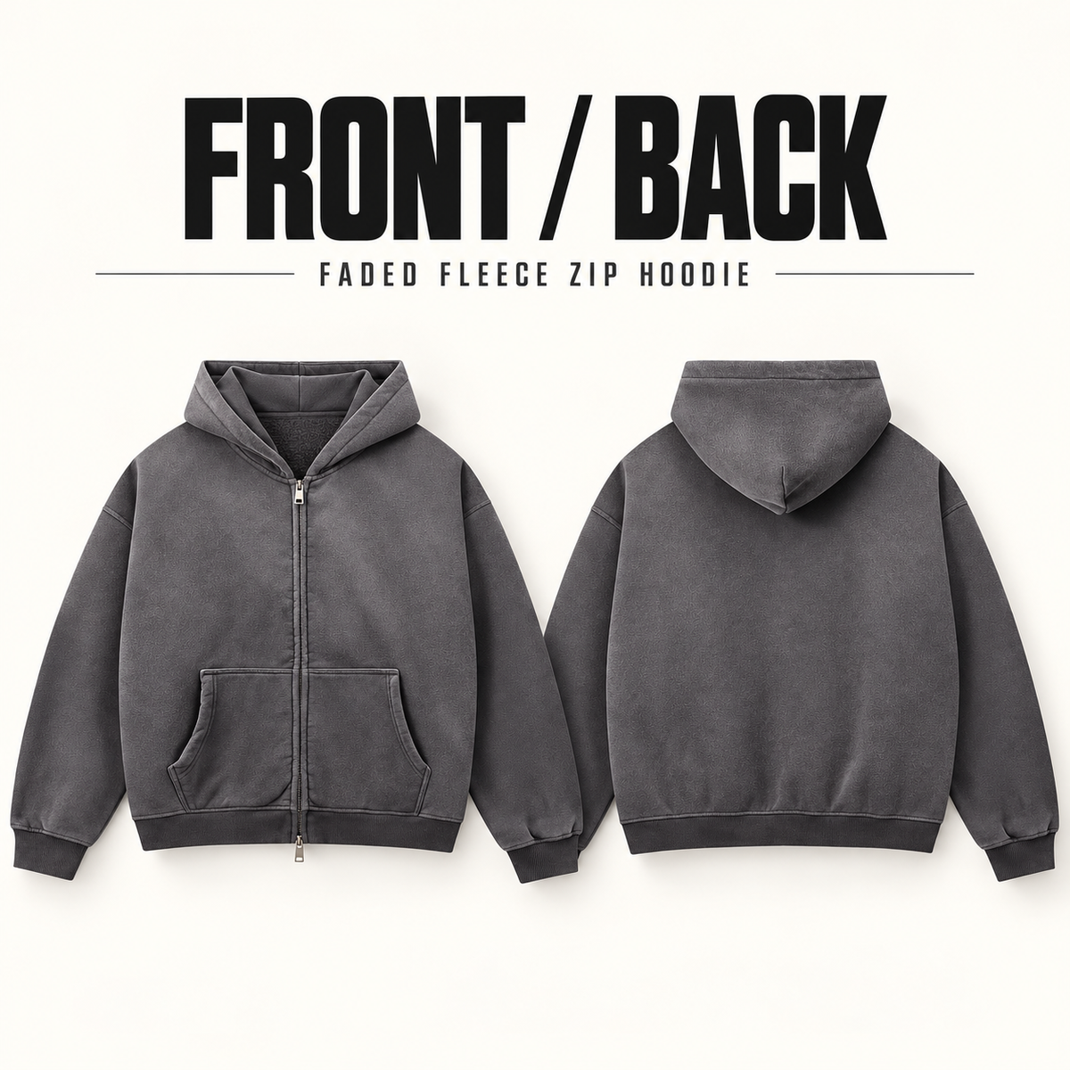 A85362 spray-faded fleece two-way zip hoodie, front and back garment construction