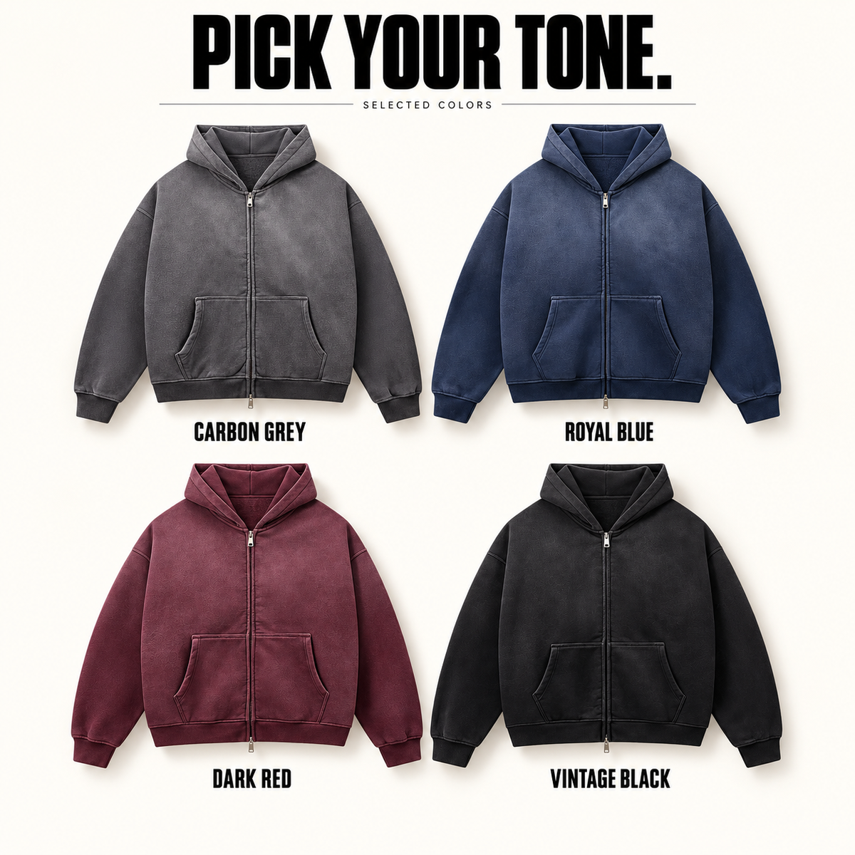 A85362 complete ready-stock color selection board showing Carbon Grey, Royal Blue, Dark Red, Vintage Black