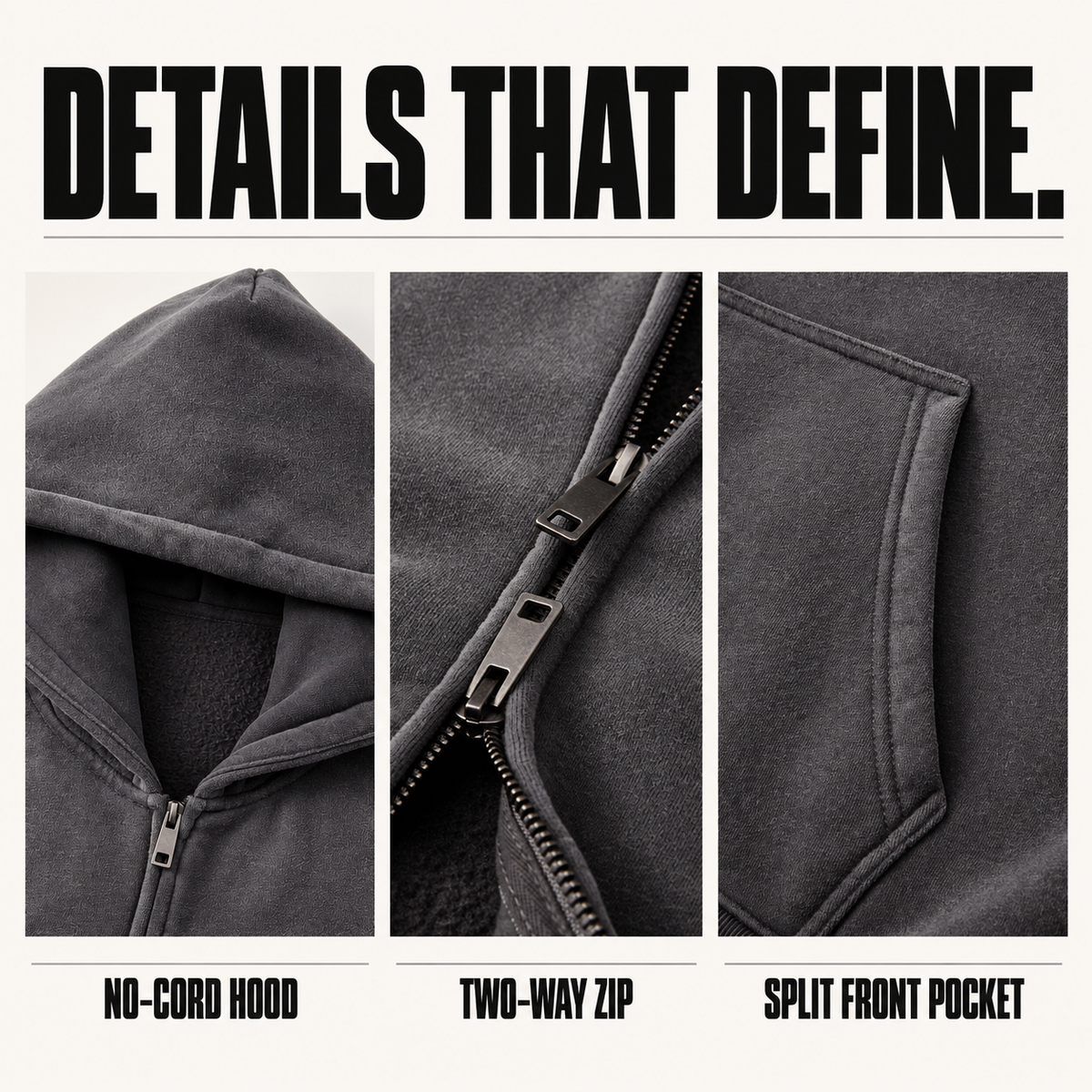 A85362 spray-faded fleece two-way zip hoodie, close-up construction details