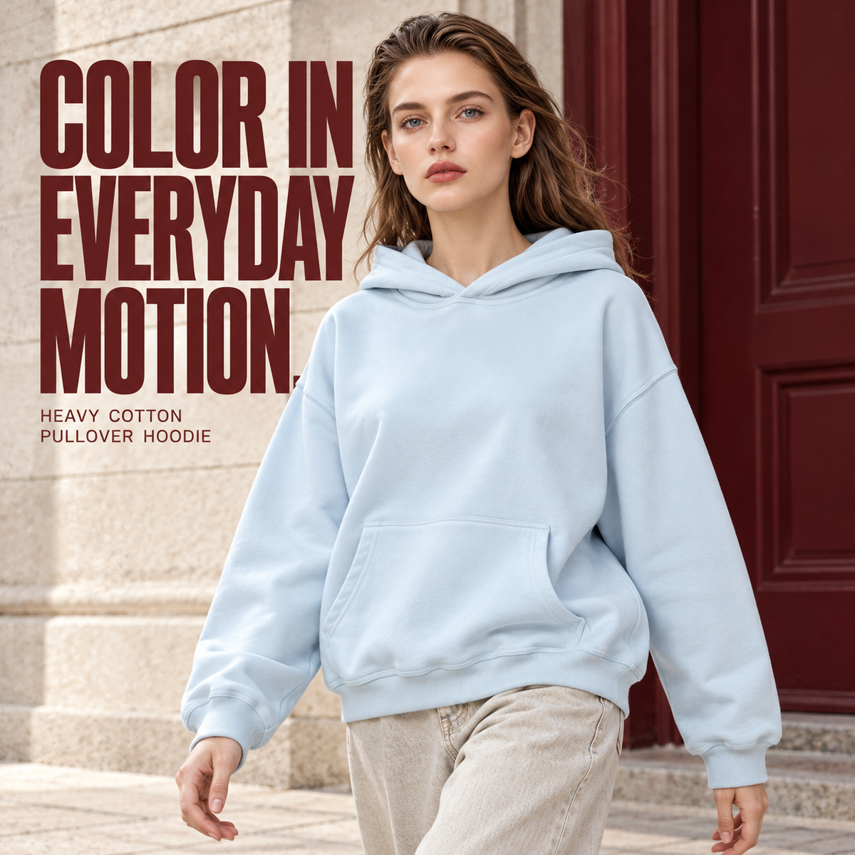 A86362 Baby Blue heavy brushed cotton pullover hoodie, alternate styling view