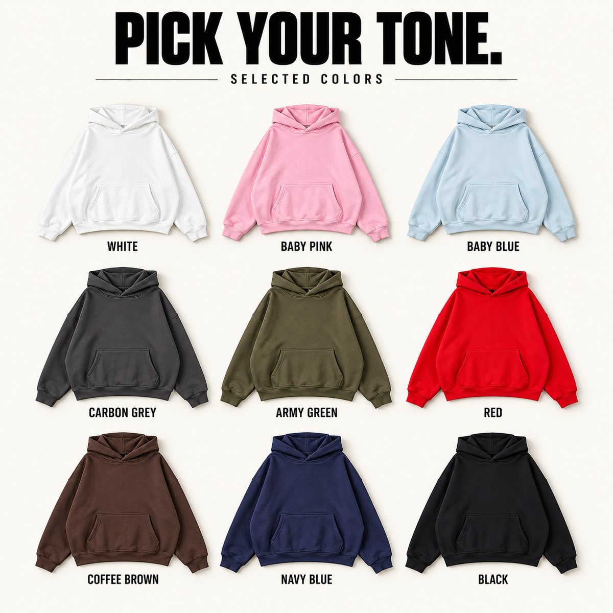 A86362 complete ready-stock color selection board showing White, Baby Pink, Baby Blue, Carbon Grey, Army Green, Red, Coffee Brown, Navy Blue, Black