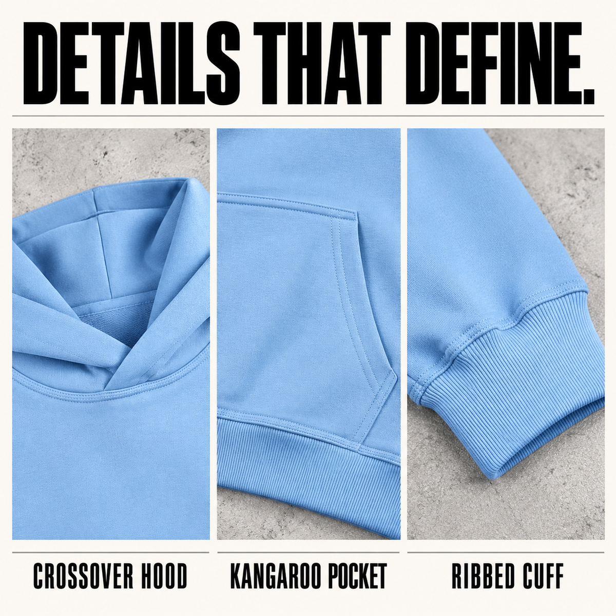 A86362 heavy brushed cotton pullover hoodie, close-up construction details