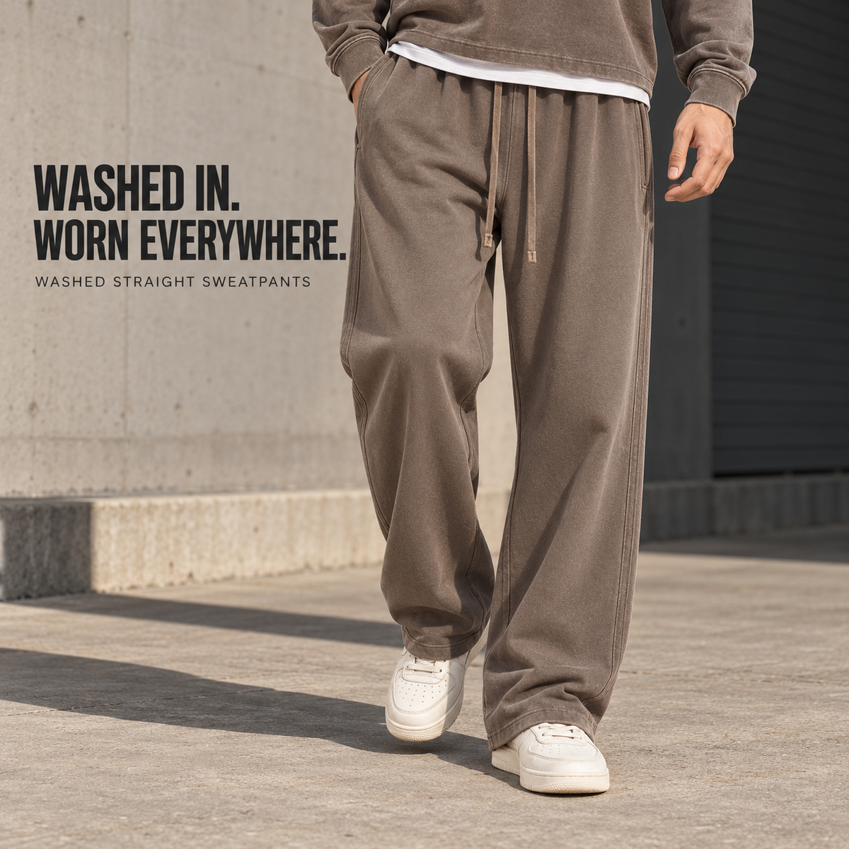 A9013 Chocolate washed cotton straight-leg drawcord pants, front styling view