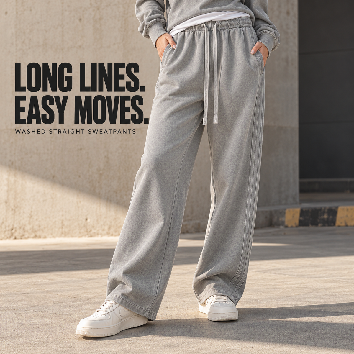 A9013 Medium Grey washed cotton straight-leg drawcord pants, alternate styling view