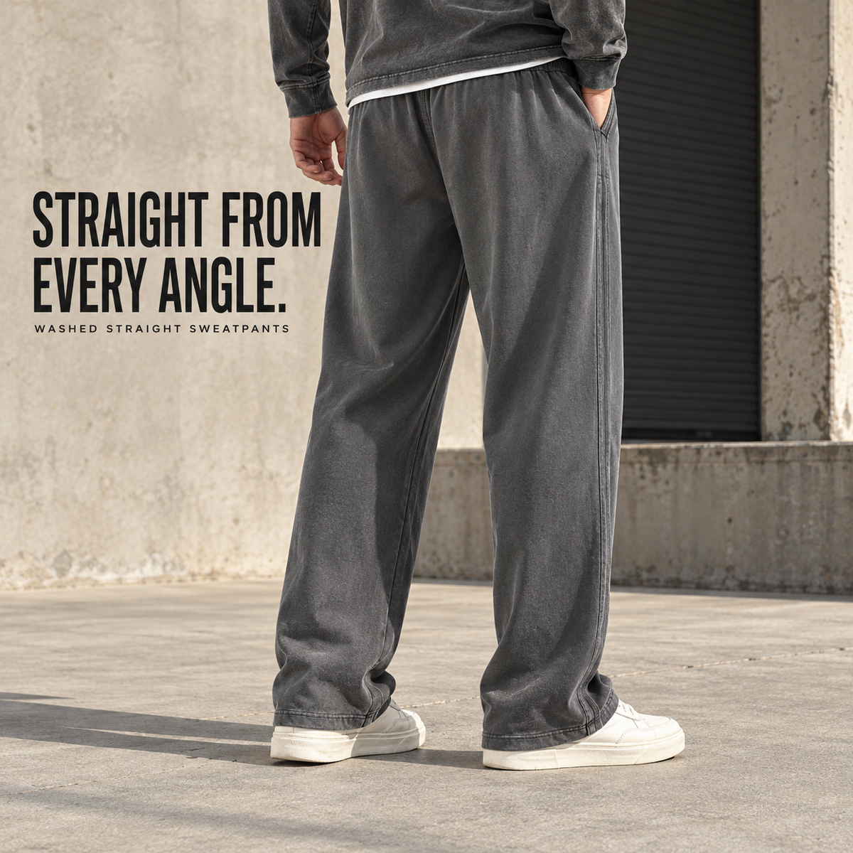 A9013 Dark Grey washed cotton straight-leg drawcord pants, rear or three-quarter styling view