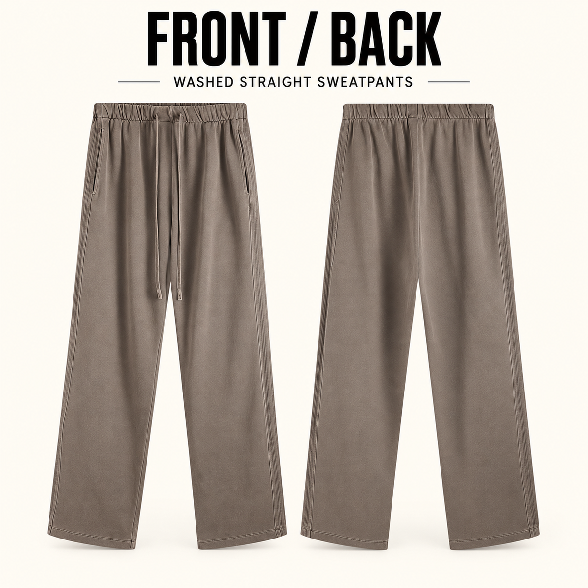 A9013 washed cotton straight-leg drawcord pants, front and back garment construction