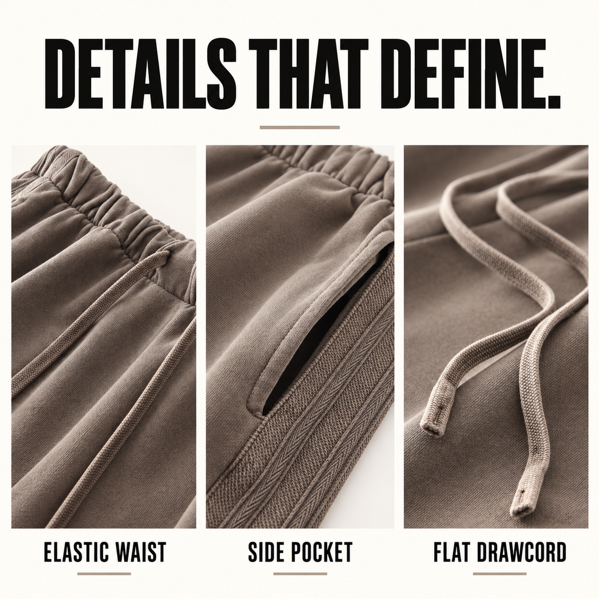 A9013 washed cotton straight-leg drawcord pants, close-up construction details