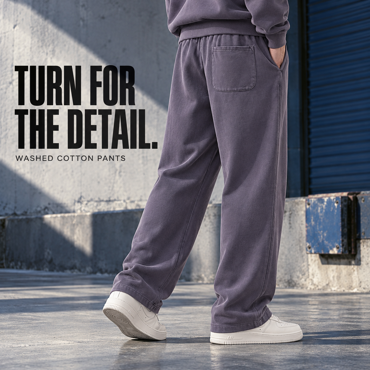A90142 Grape Purple washed cotton straight-leg sweatpants, rear or three-quarter styling view