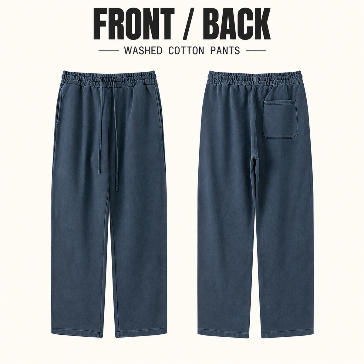 A90142 washed cotton straight-leg sweatpants, front and back garment construction