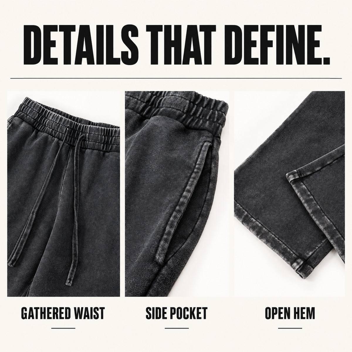 A90142 washed cotton straight-leg sweatpants, close-up construction details