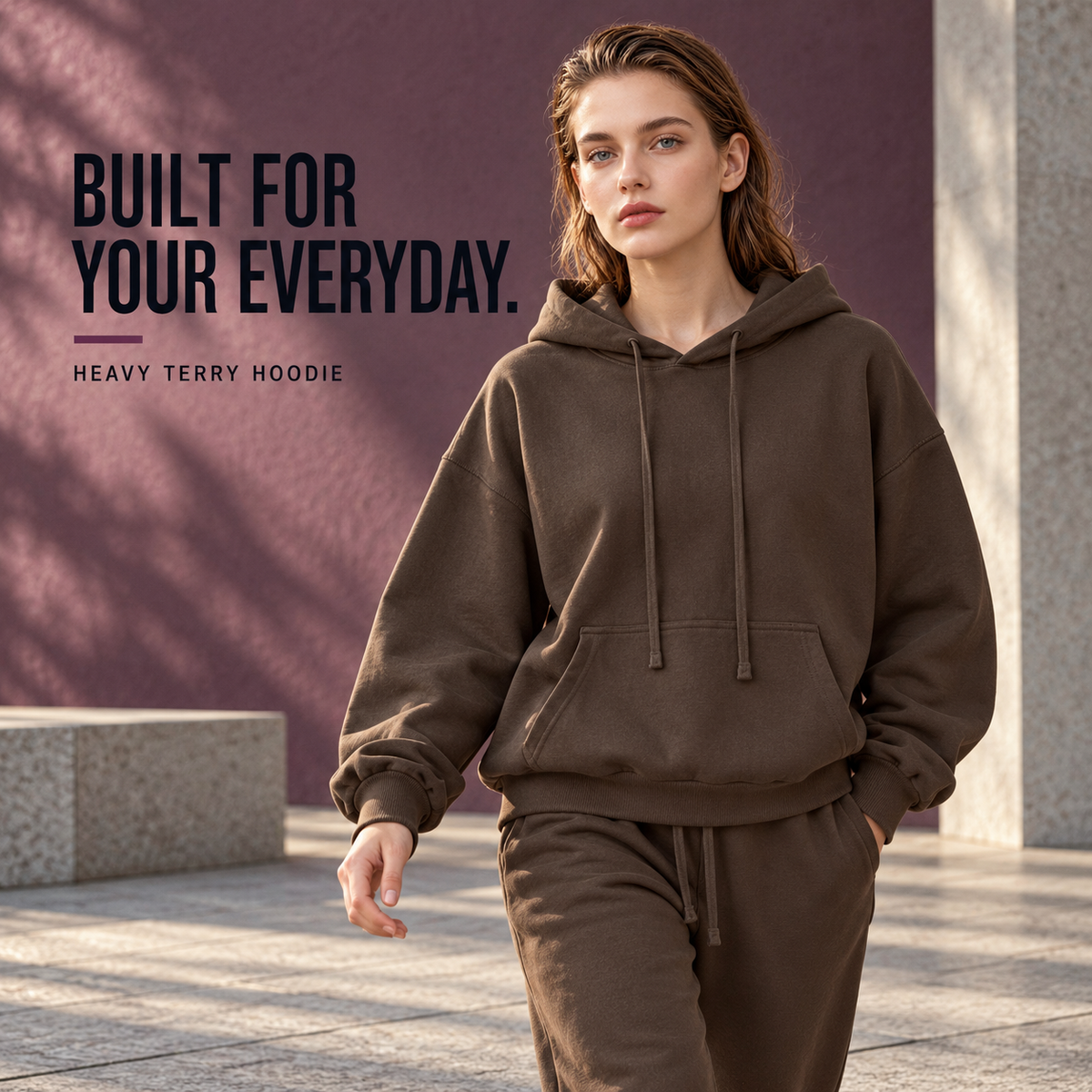 A91142 Brown heavy terry drawcord pullover hoodie, alternate styling view