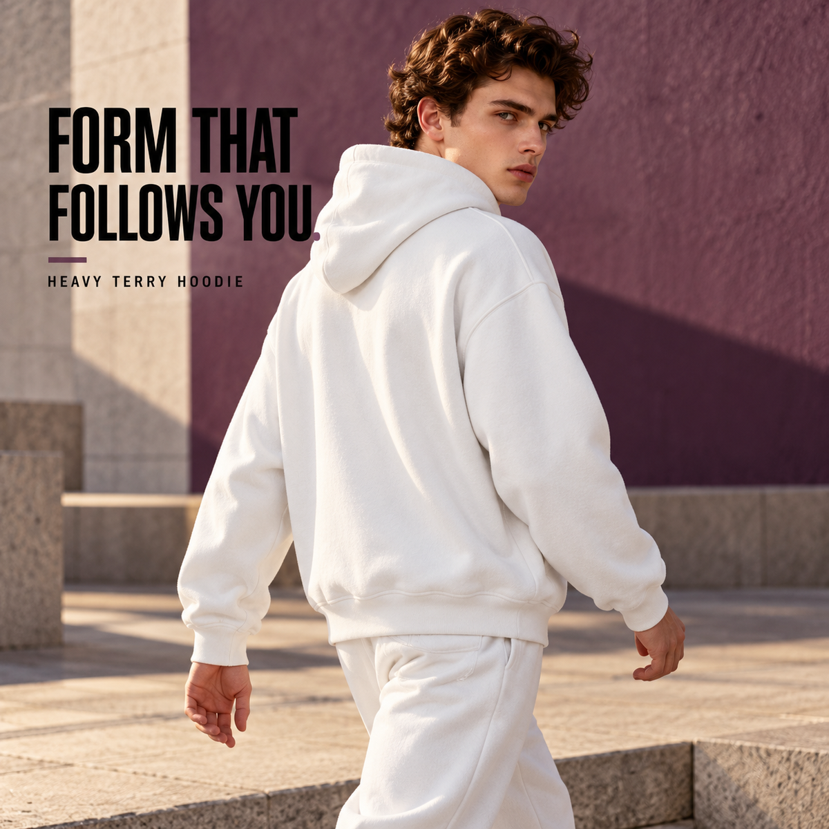 A91142 White heavy terry drawcord pullover hoodie, rear or three-quarter styling view