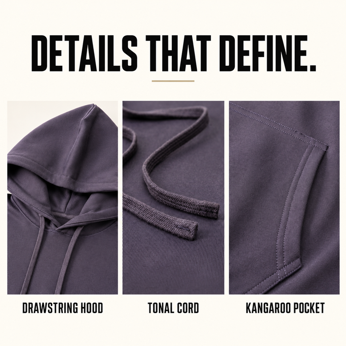 A91142 heavy terry drawcord pullover hoodie, close-up construction details