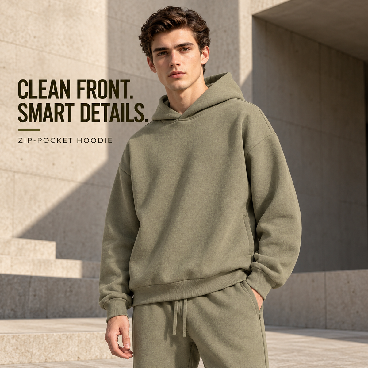 A9142 Grey Camel side zip-pocket fleece pullover hoodie, front styling view