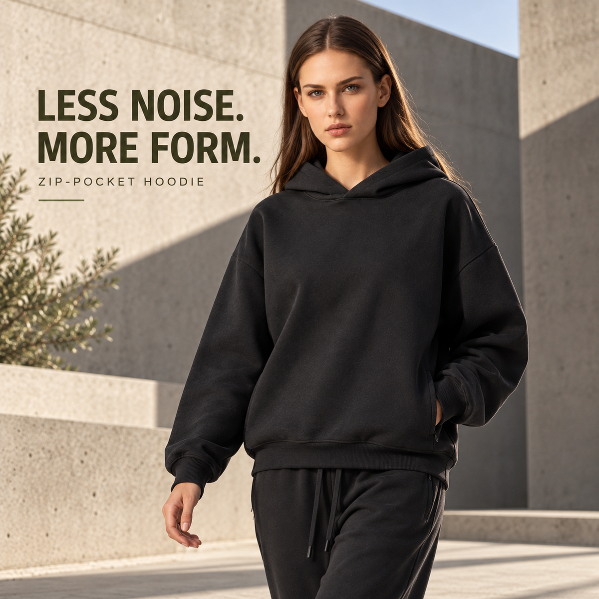 A9142 Black side zip-pocket fleece pullover hoodie, alternate styling view