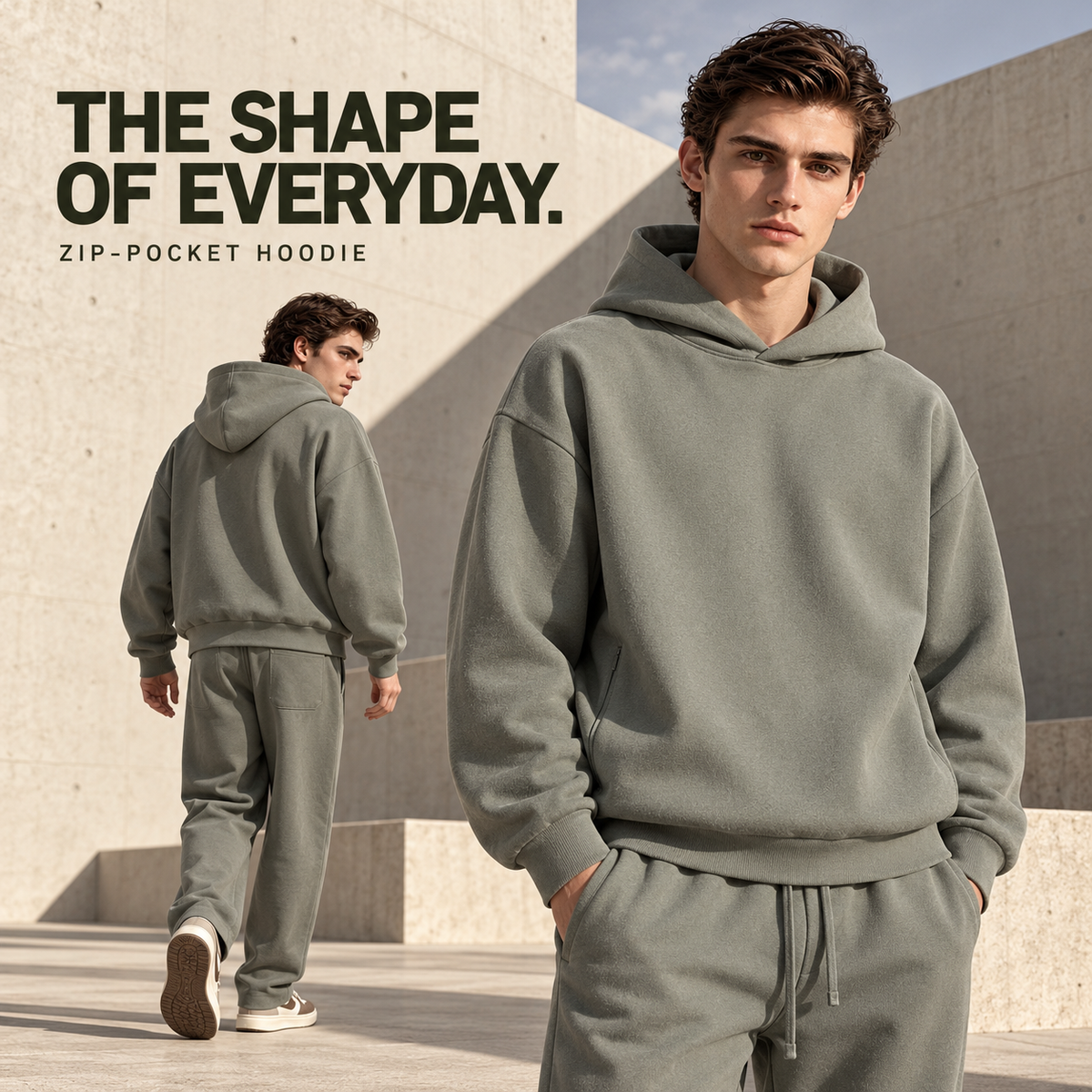 A9142 Oyster Grey side zip-pocket fleece pullover hoodie, rear or three-quarter styling view