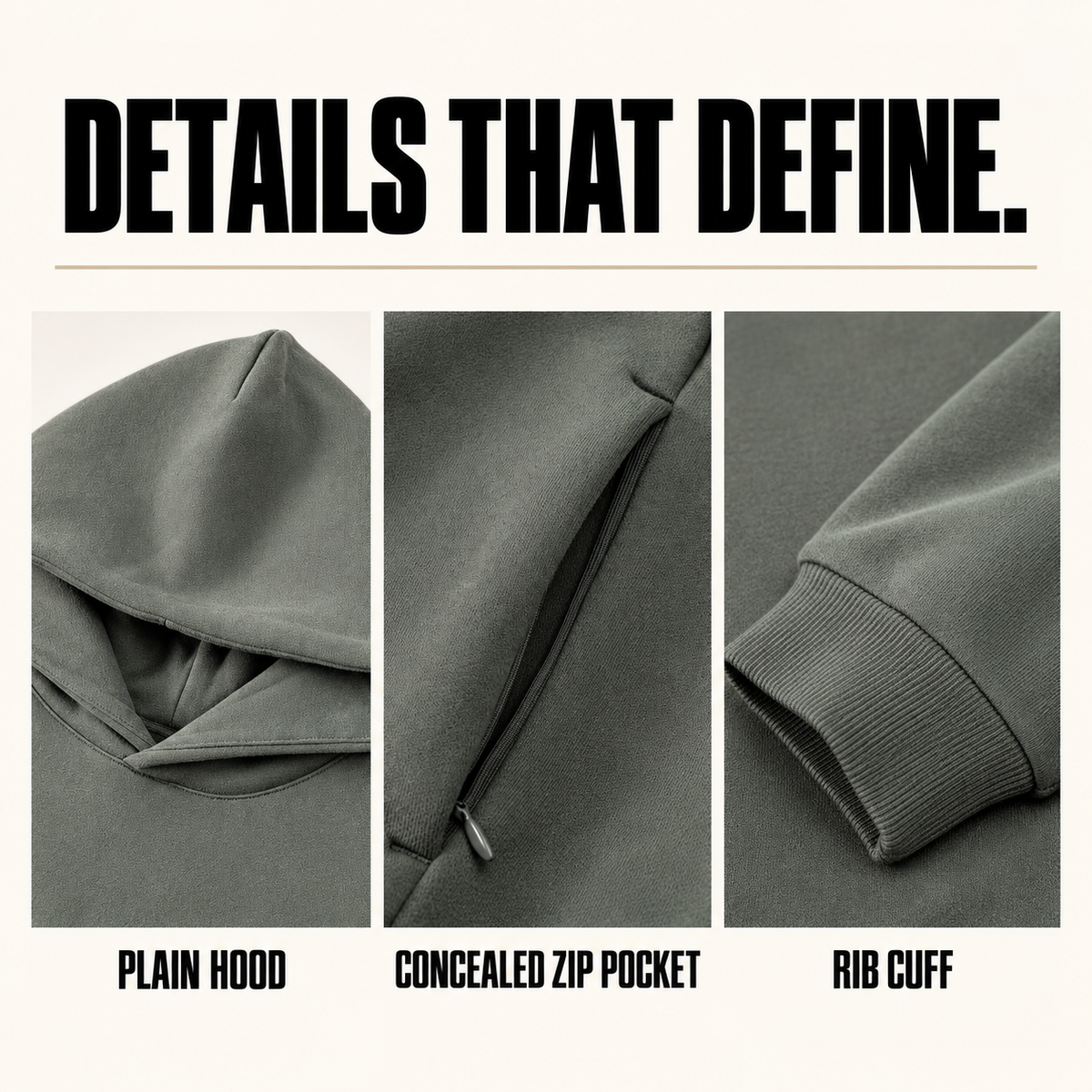 A9142 side zip-pocket fleece pullover hoodie, close-up construction details