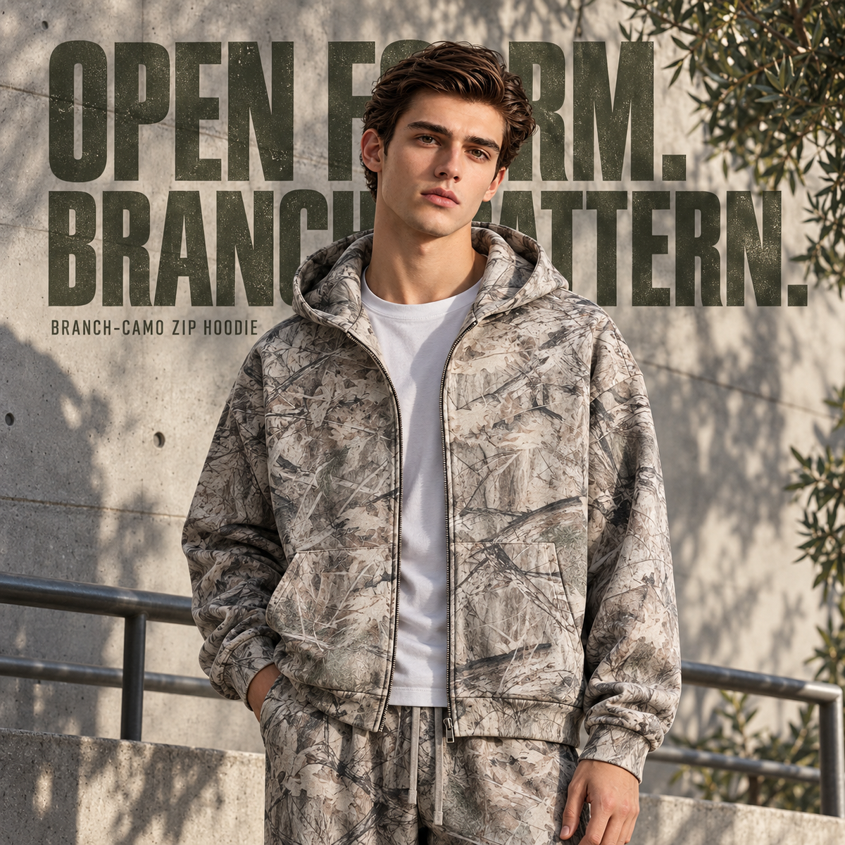 A91552 Branch Camo branch camo two-way zip hoodie, front styling view