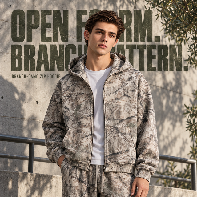 A91552 Branch Camo branch camo two-way zip hoodie, front styling view