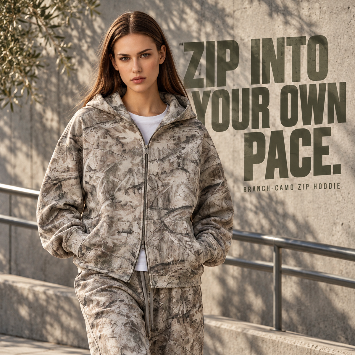A91552 Branch Camo branch camo two-way zip hoodie, alternate styling view