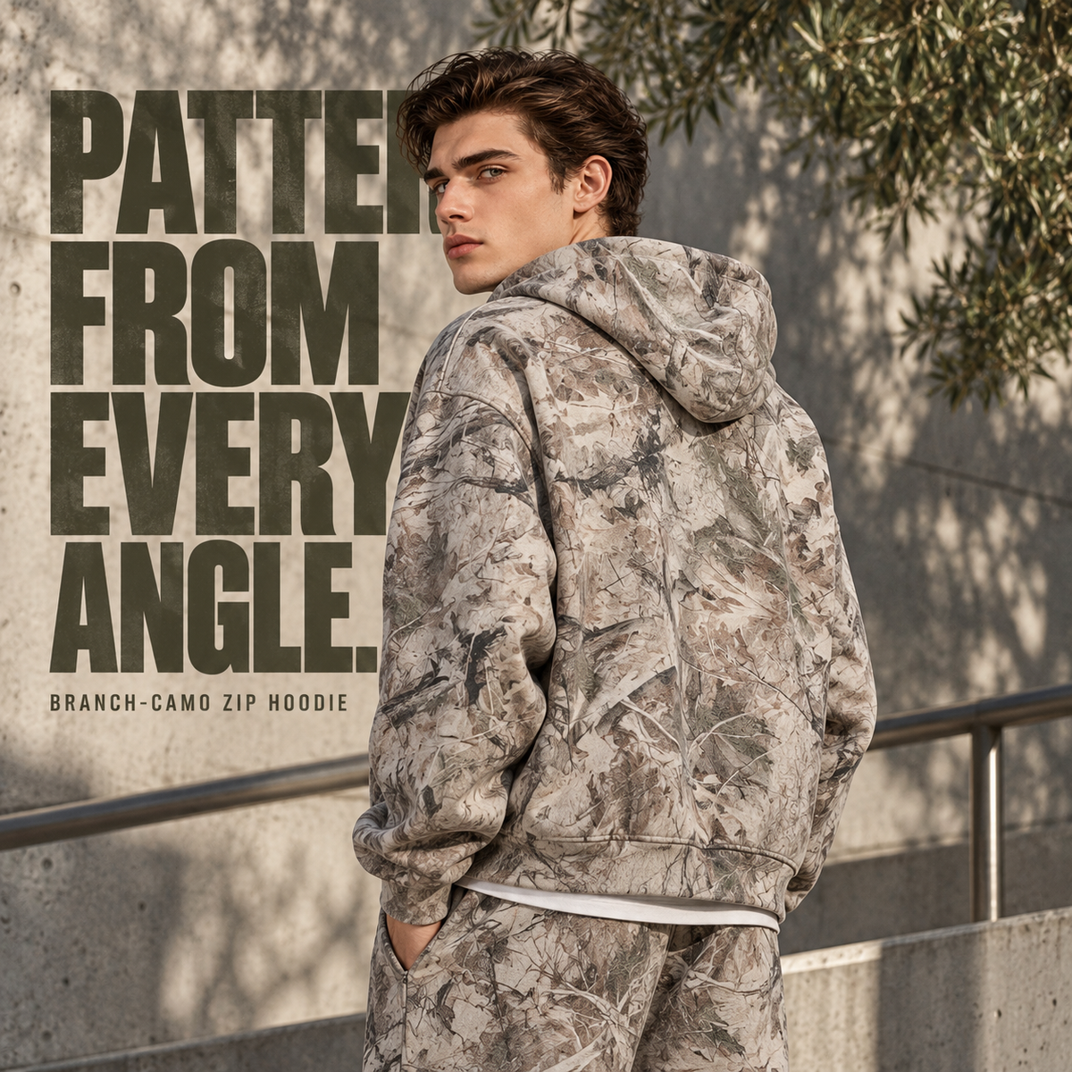 A91552 Branch Camo branch camo two-way zip hoodie, rear or three-quarter styling view