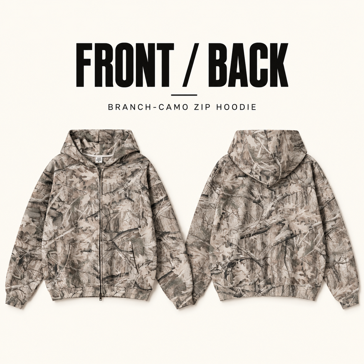 A91552 branch camo two-way zip hoodie, front and back garment construction
