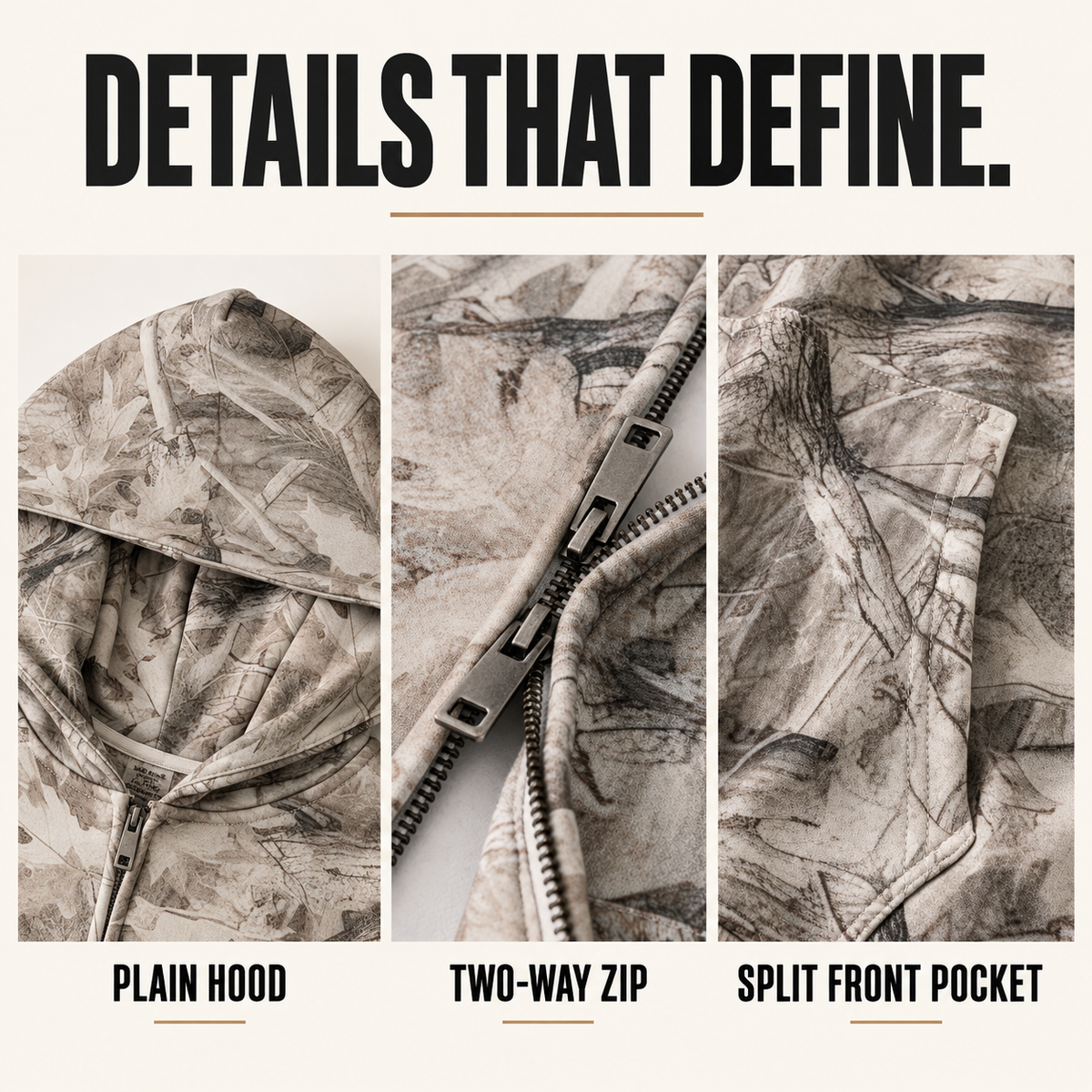 A91552 branch camo two-way zip hoodie, close-up construction details