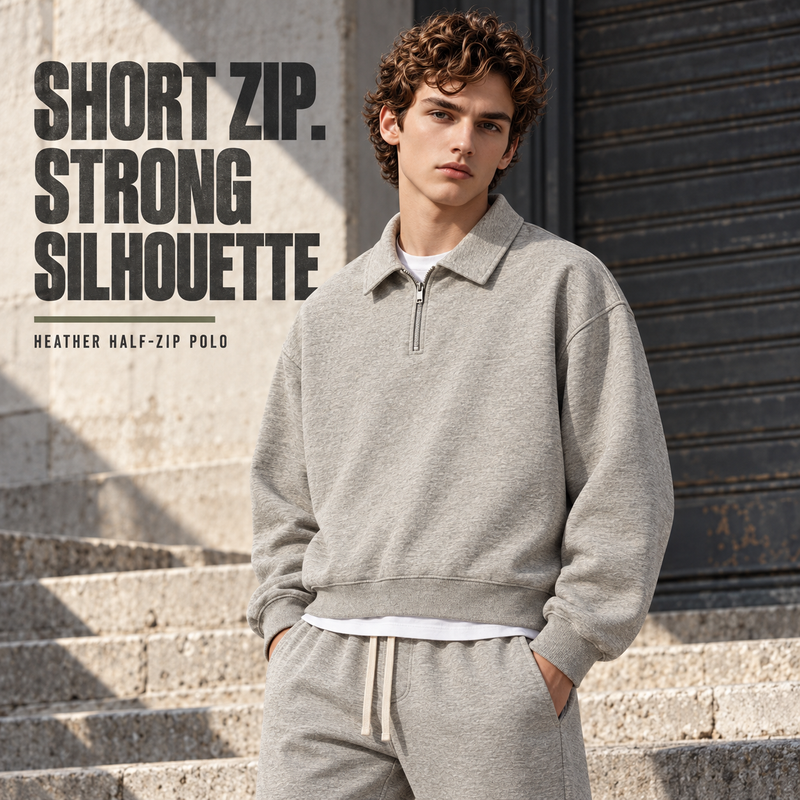 Boxy Heather Half-Zip Polo Sweatshirt