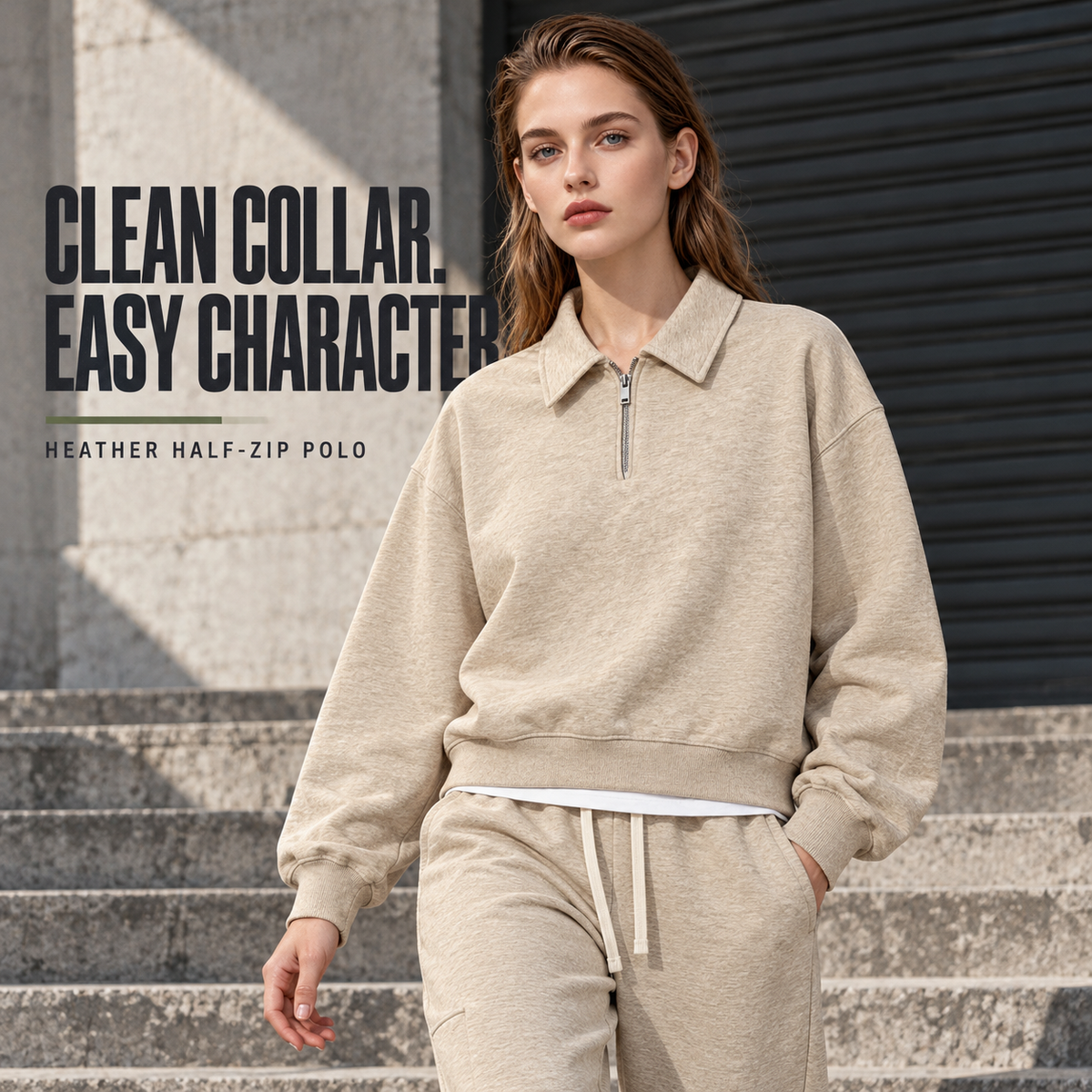 A92362 Haze Gold boxy heather half-zip polo sweatshirt, alternate styling view
