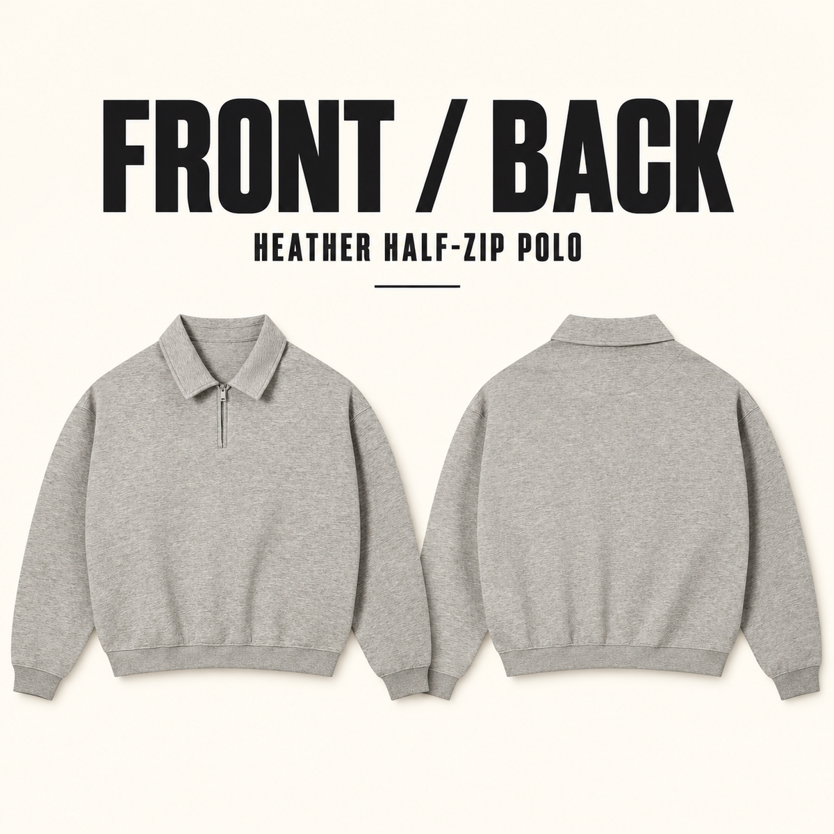 A92362 boxy heather half-zip polo sweatshirt, front and back garment construction