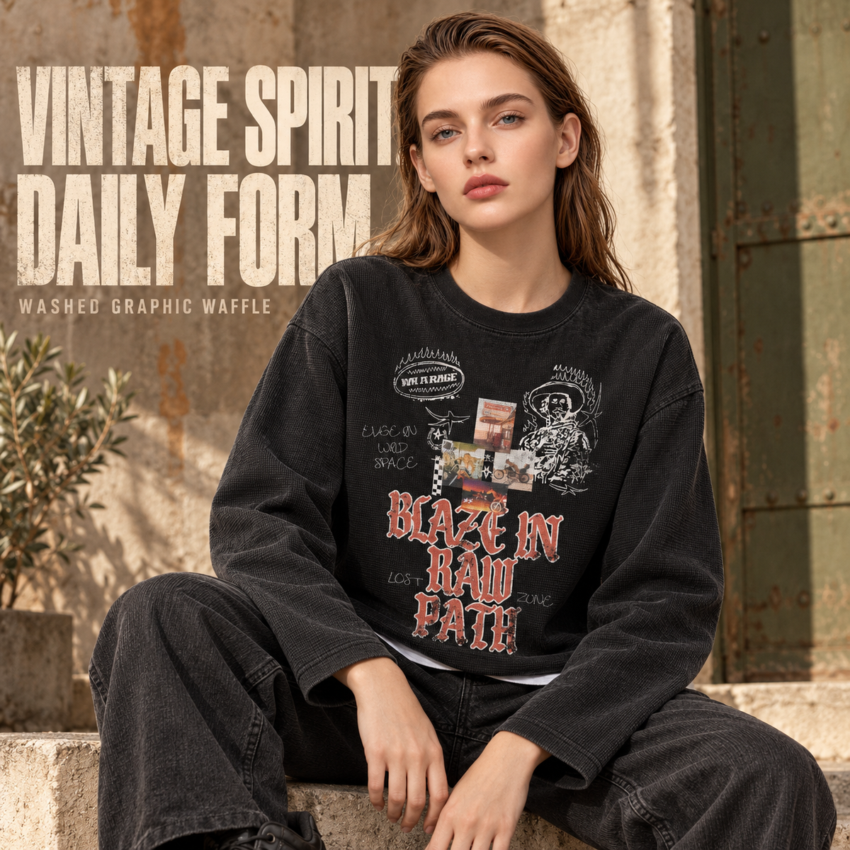 A9268 Snow Wash Black washed collage waffle long sleeve t-shirt, alternate styling view