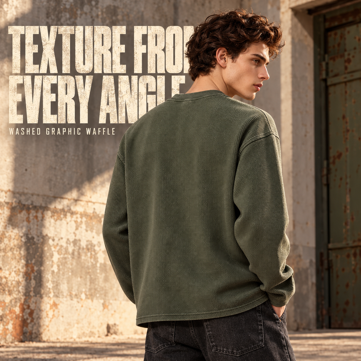 A9268 Olive Green washed collage waffle long sleeve t-shirt, rear or three-quarter styling view