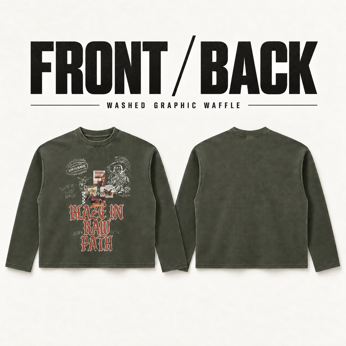 A9268 washed collage waffle long sleeve t-shirt, front and back garment construction