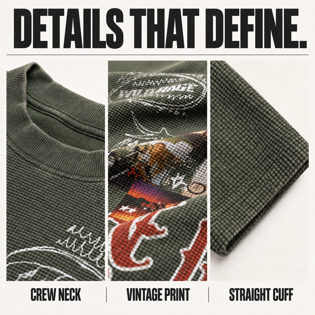 A9268 washed collage waffle long sleeve t-shirt, close-up construction details