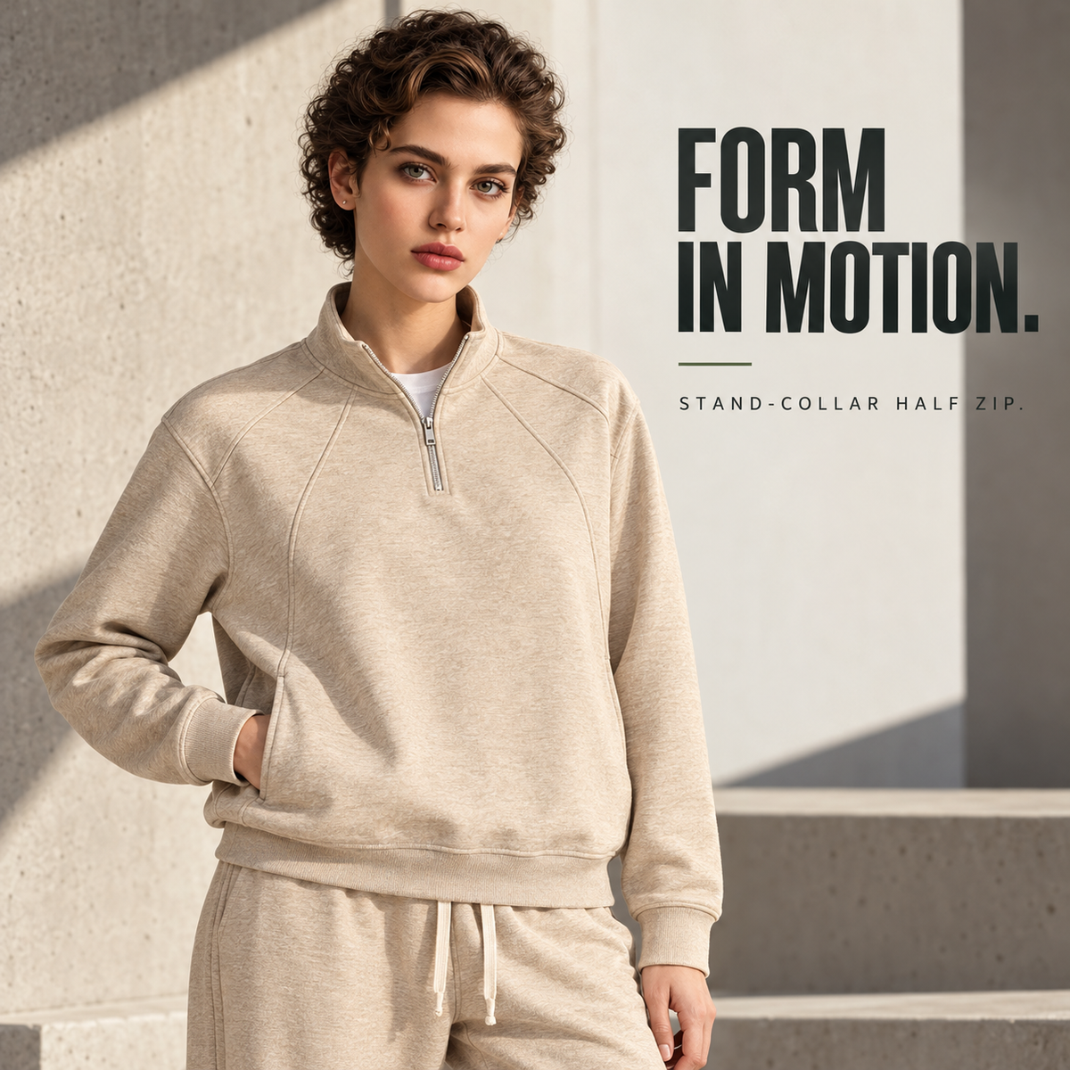 A93362 Haze Gold heather panel half-zip sweatshirt, alternate styling view