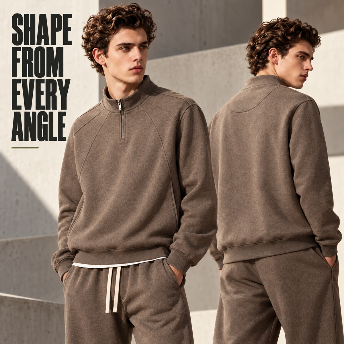 A93362 Brown heather panel half-zip sweatshirt, rear or three-quarter styling view