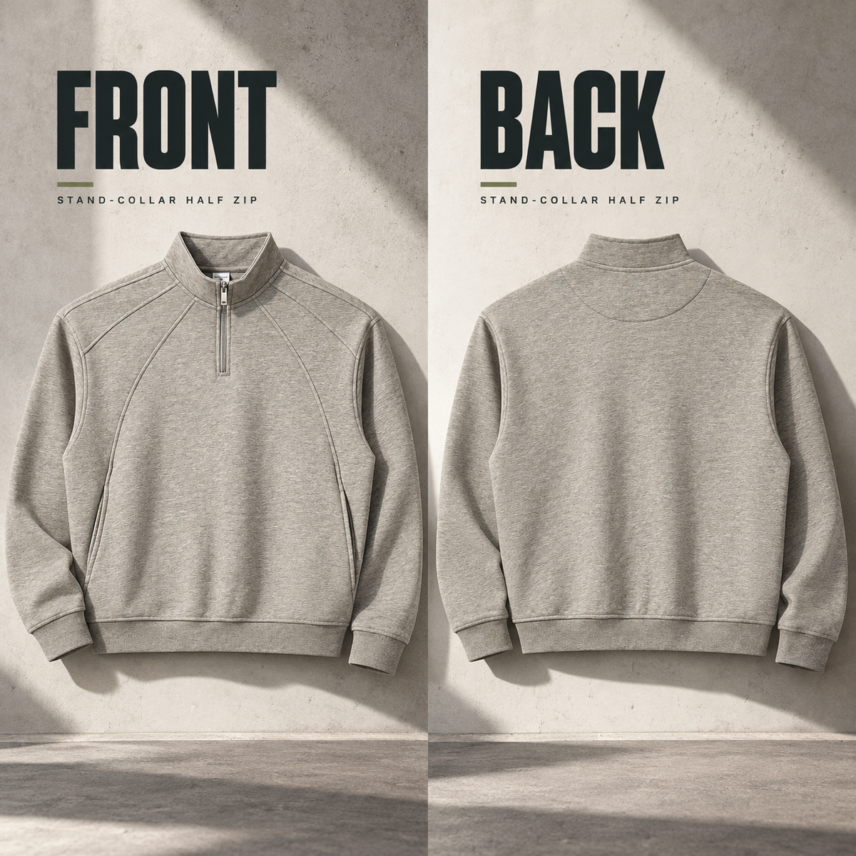 A93362 heather panel half-zip sweatshirt, front and back garment construction