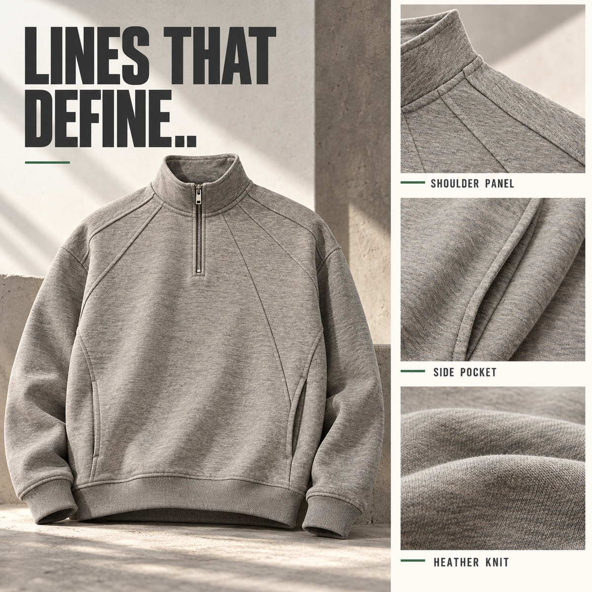 A93362 heather panel half-zip sweatshirt, close-up construction details
