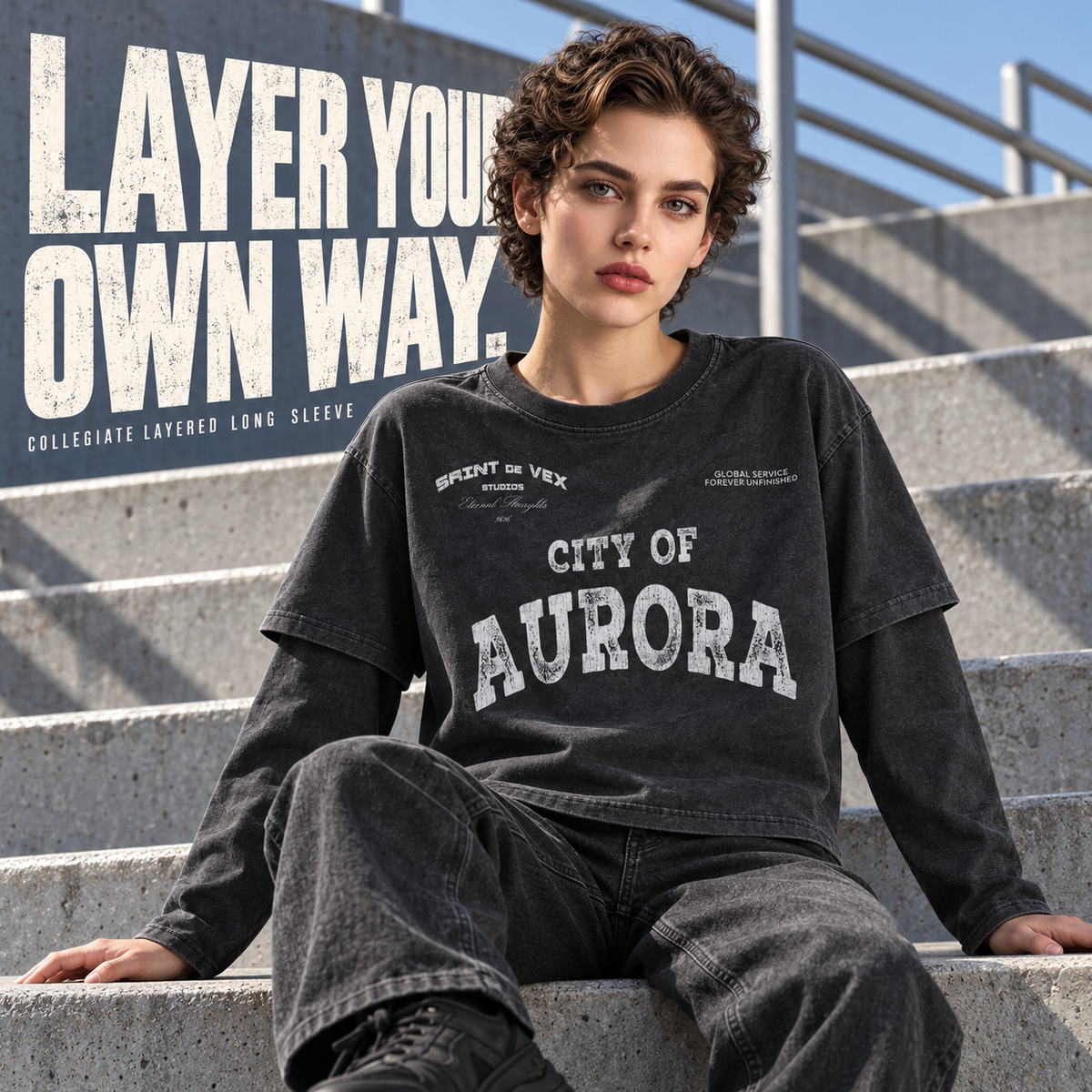 A9368 Snow Wash Black collegiate print layered-sleeve cotton t-shirt, alternate styling view