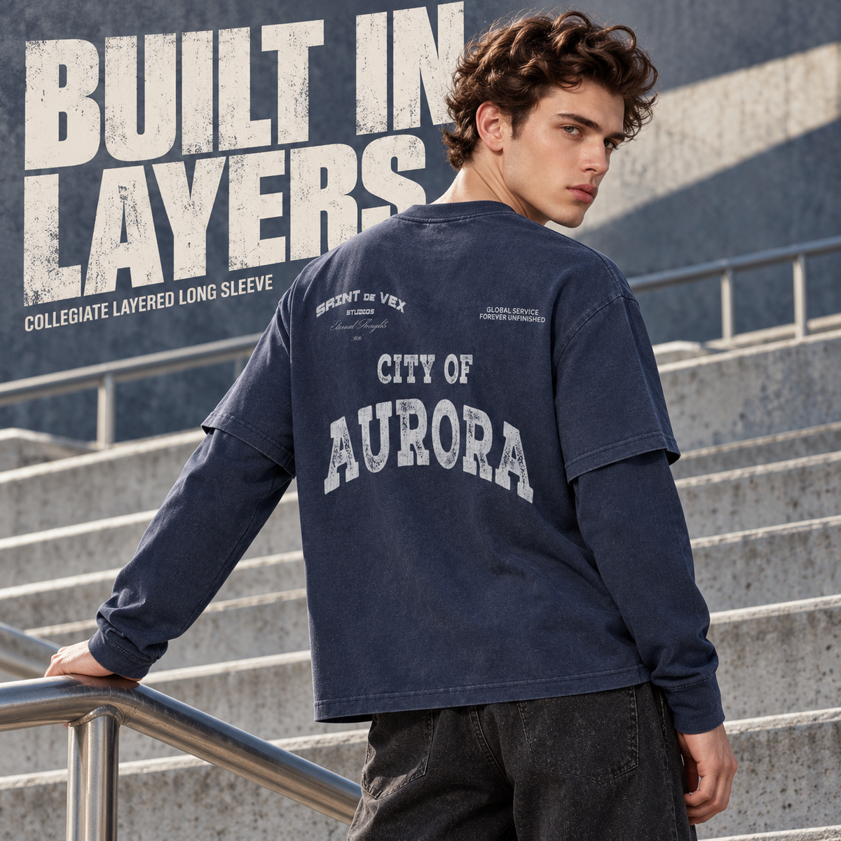 A9368 Royal Blue collegiate print layered-sleeve cotton t-shirt, rear or three-quarter styling view