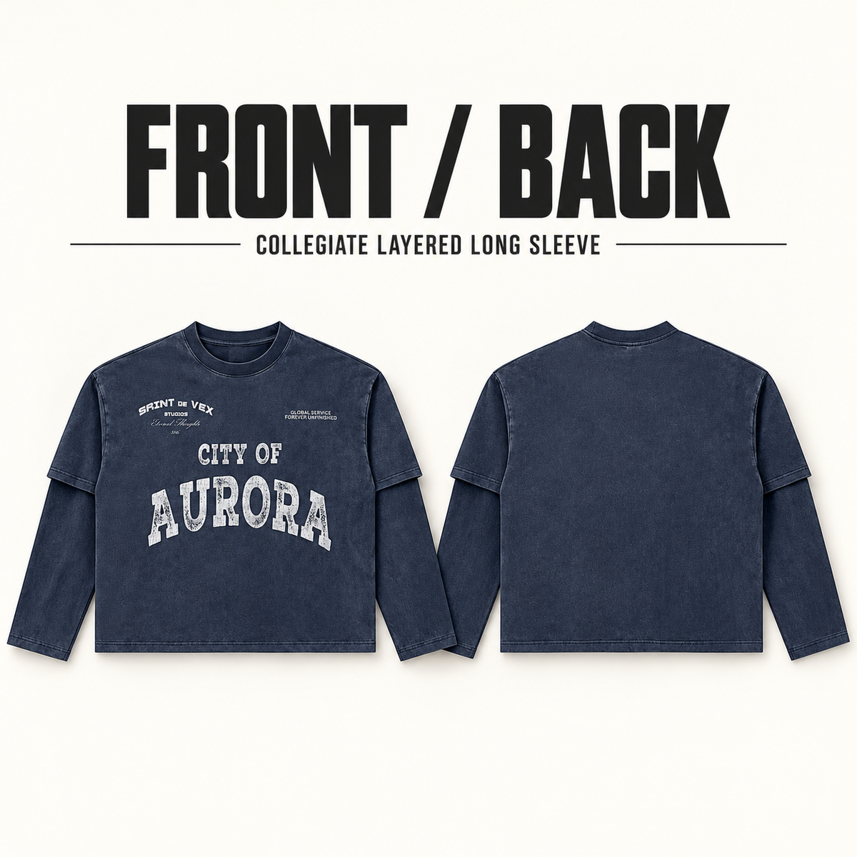 A9368 collegiate print layered-sleeve cotton t-shirt, front and back garment construction