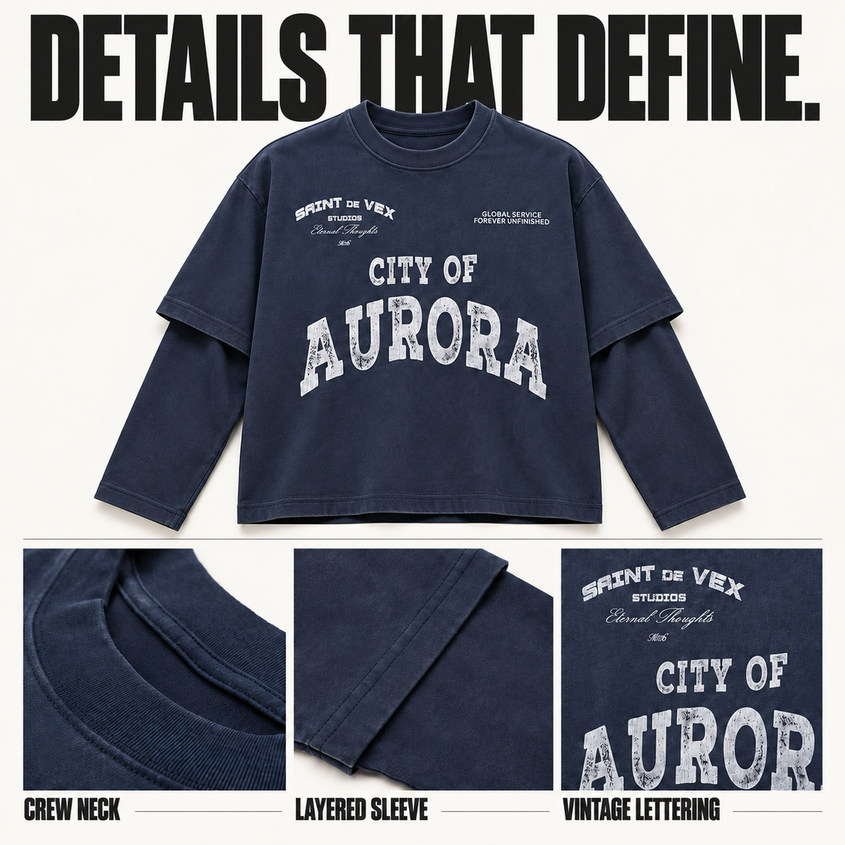 A9368 collegiate print layered-sleeve cotton t-shirt, close-up construction details