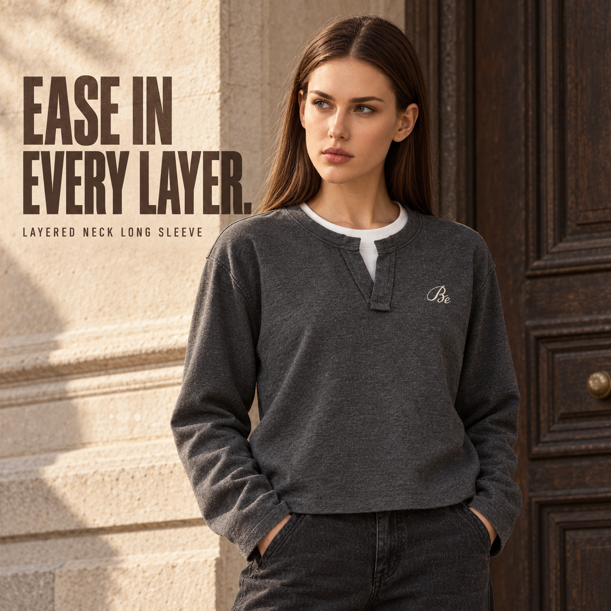 A9468 Dark Grey embroidered heather layered-neck long sleeve t-shirt, alternate styling view