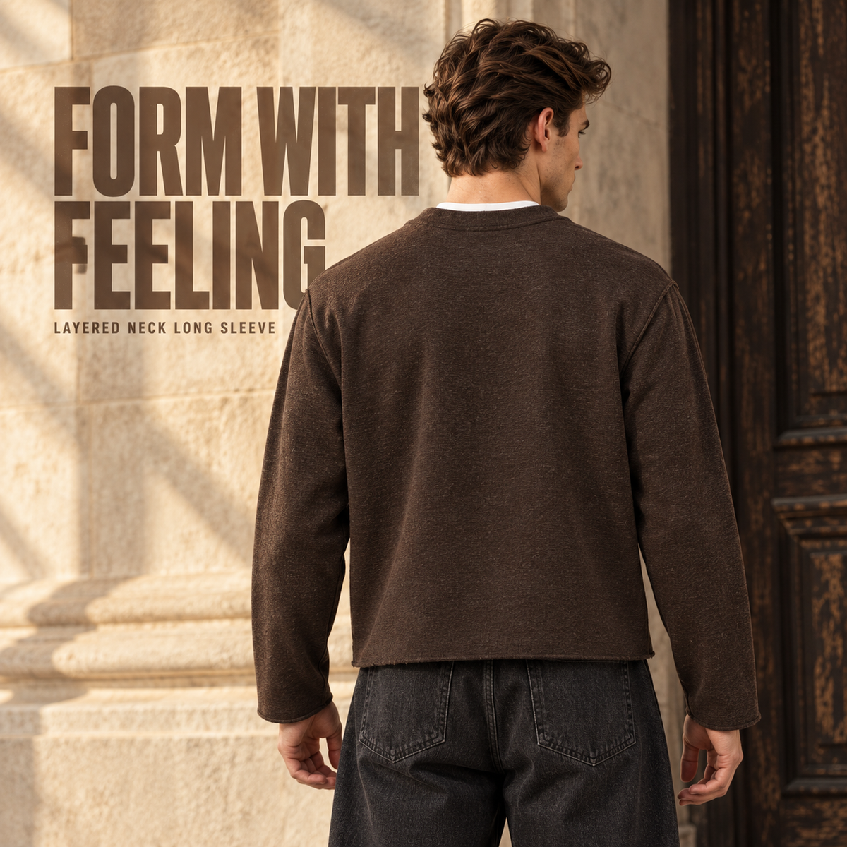 A9468 Coffee embroidered heather layered-neck long sleeve t-shirt, rear or three-quarter styling view