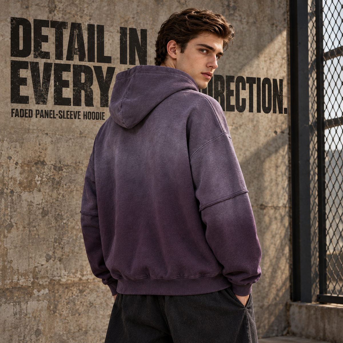 A95552 Vintage Purple faded layered-sleeve cotton hoodie, rear or three-quarter styling view