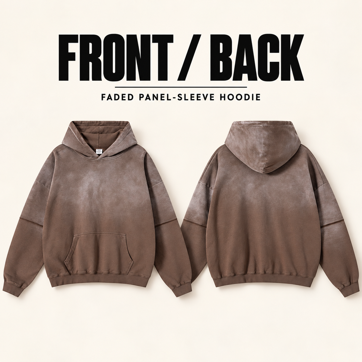 A95552 faded layered-sleeve cotton hoodie, front and back garment construction