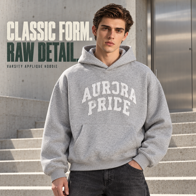 A9568 Heather Grey frayed applique fleece pullover hoodie, front styling view
