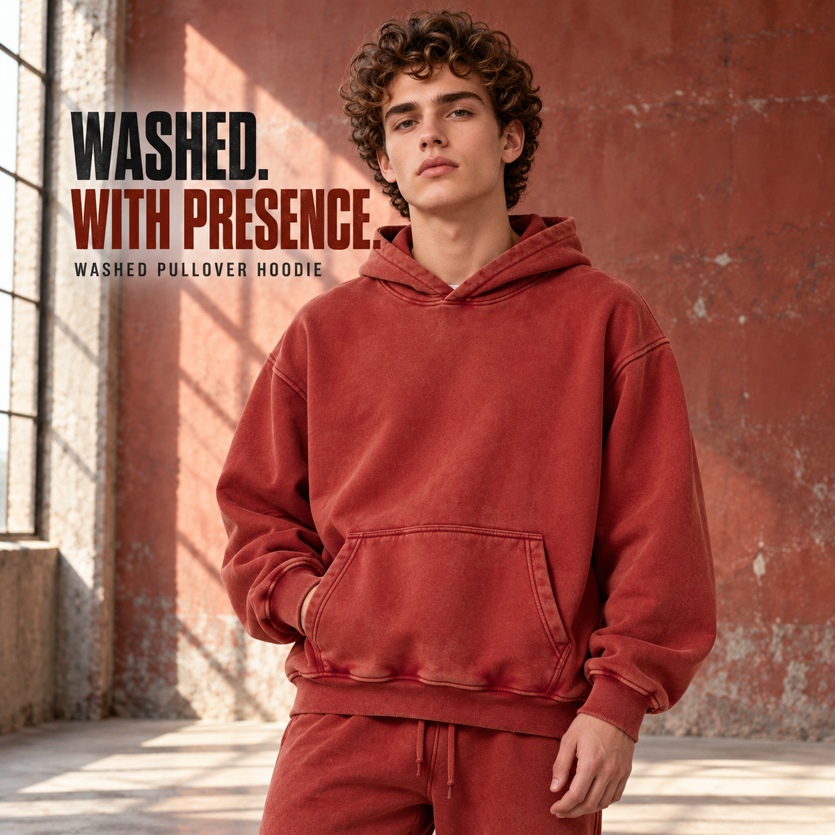 A9610 Rust Red washed worn-edge fleece pullover hoodie, front styling view