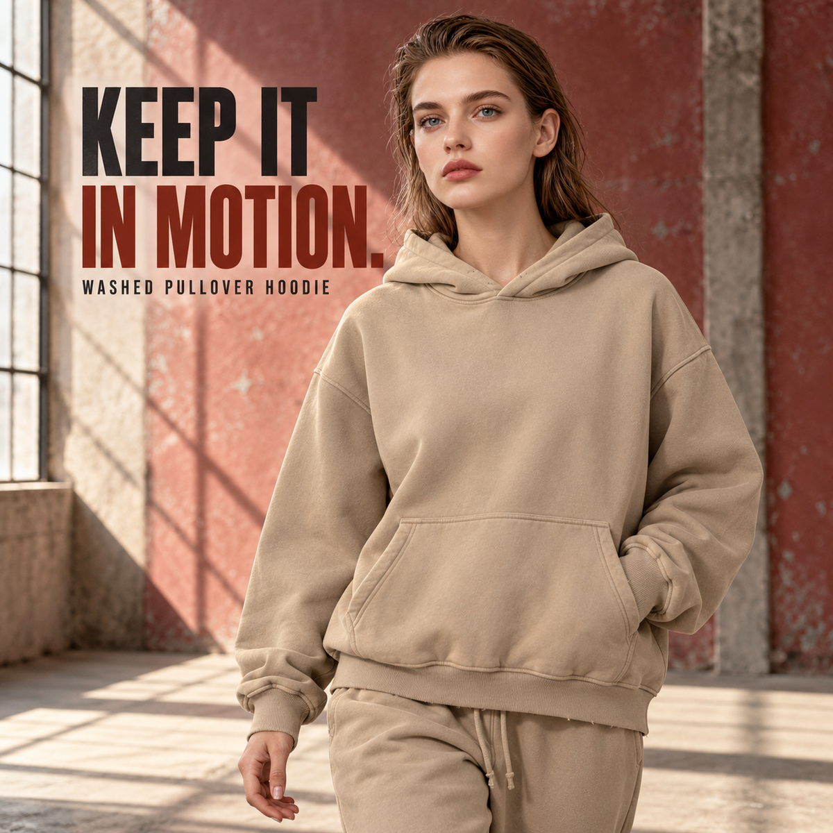 A9610 Khaki washed worn-edge fleece pullover hoodie, alternate styling view