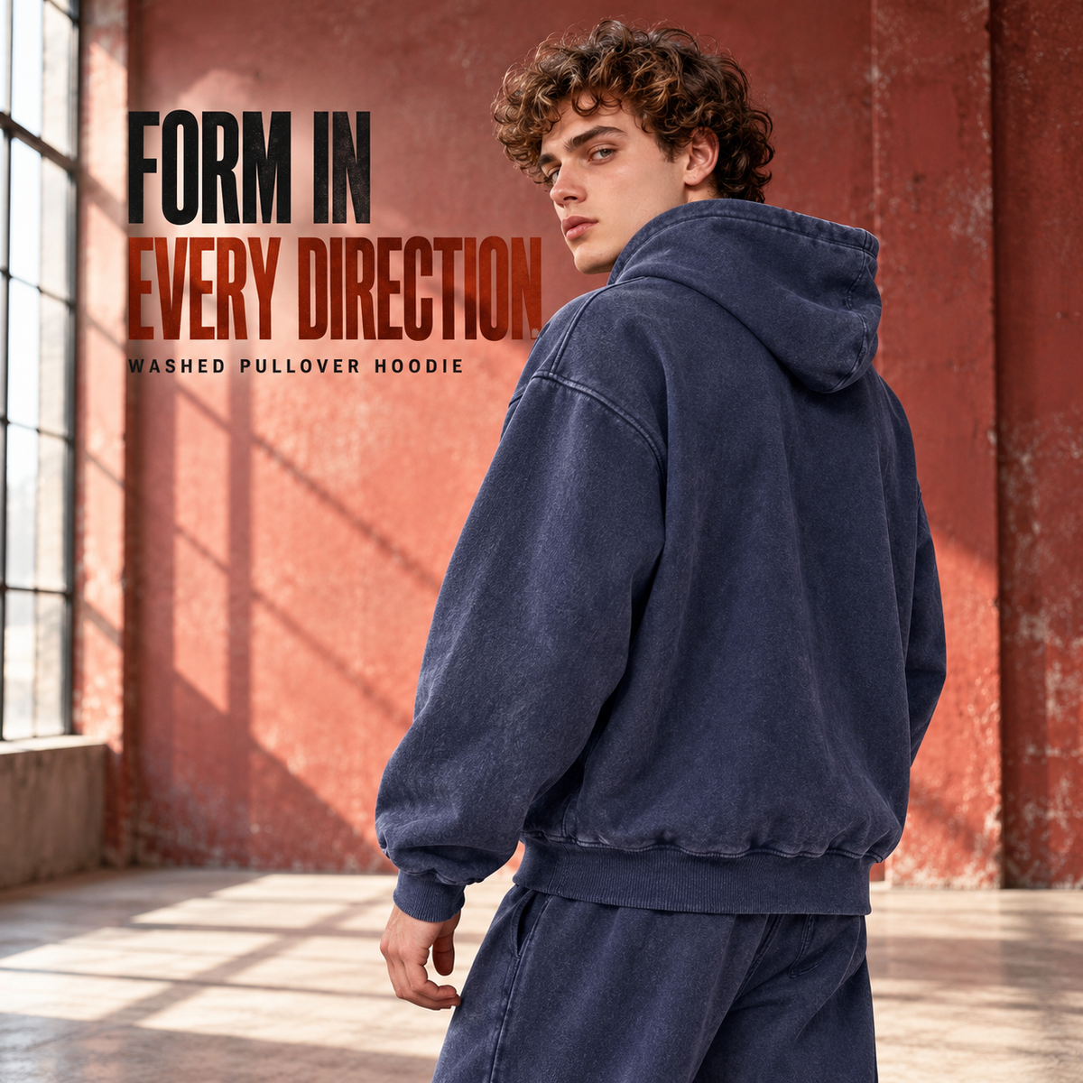 A9610 Royal Blue washed worn-edge fleece pullover hoodie, rear or three-quarter styling view